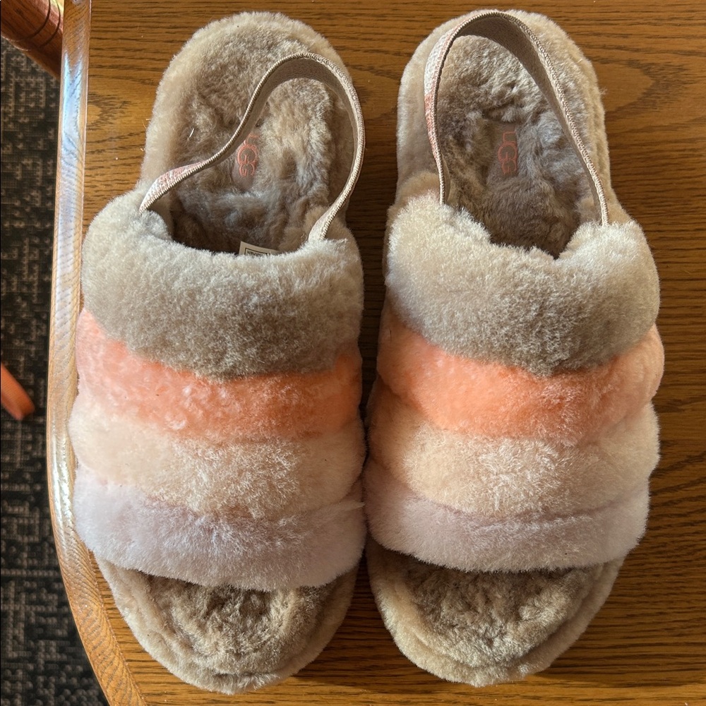 Ugg Fluff Yeah Ombré Fuzzy Slide Slippers in Taupe with Peach & Cream Stripes